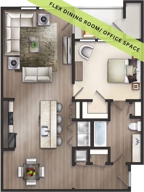 Floor plan for 1 bed, 1 bath, 889 sqft